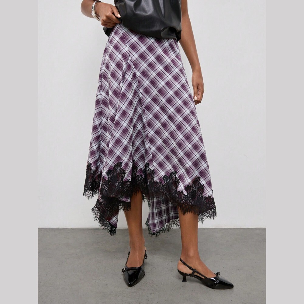 Purple Plaid Lace Trim Asymmetrical Hem Midi Skirt